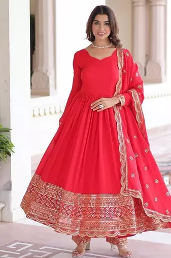 Designer red vichitra silk embroidered gown with sequins work, bottom & dupatta | festive ethnic wear
