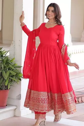 Designer red vichitra silk embroidered gown with sequins work, bottom & dupatta | festive ethnic wear