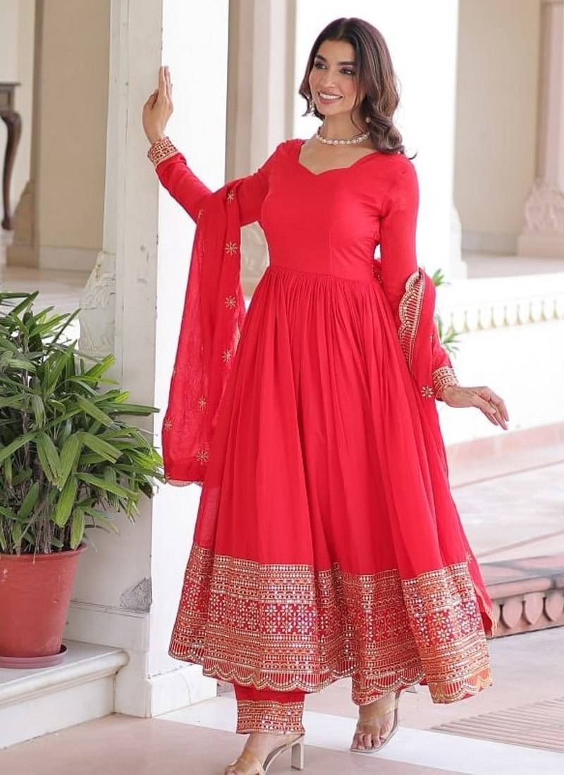 Designer red vichitra silk embroidered gown with sequins work, bottom & dupatta | festive ethnic wear