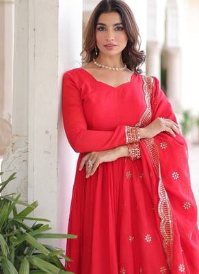 Designer red vichitra silk embroidered gown with sequins work, bottom & dupatta | festive ethnic wear 3