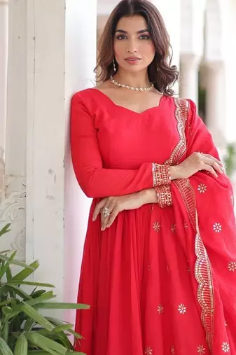 Designer red vichitra silk embroidered gown with sequins work, bottom & dupatta | festive ethnic wear