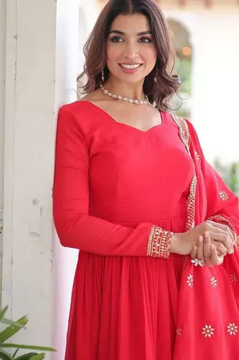 Designer red vichitra silk embroidered gown with sequins work, bottom & dupatta | festive ethnic wear
