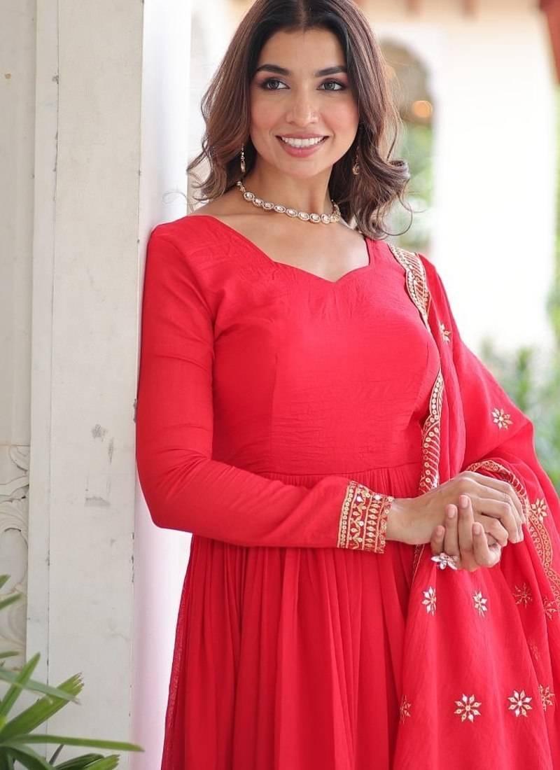 Designer red vichitra silk embroidered gown with sequins work, bottom & dupatta | festive ethnic wear