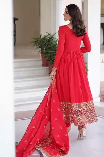 Designer red vichitra silk embroidered gown with sequins work, bottom & dupatta | festive ethnic wear