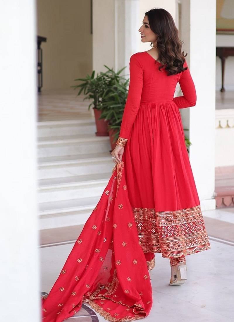 Designer red vichitra silk embroidered gown with sequins work, bottom & dupatta | festive ethnic wear