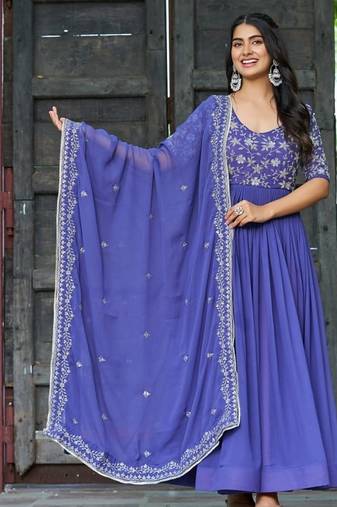 Blue faux blooming sequins & multithread embroidered gown with dupatta
