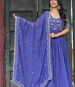 Blue faux blooming sequins & multithread embroidered gown with dupatta