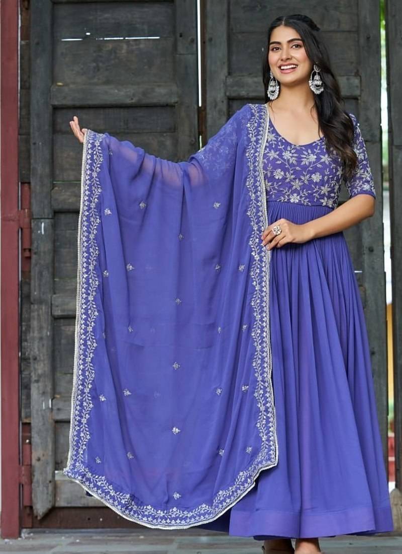 Blue faux blooming sequins & multithread embroidered gown with dupatta