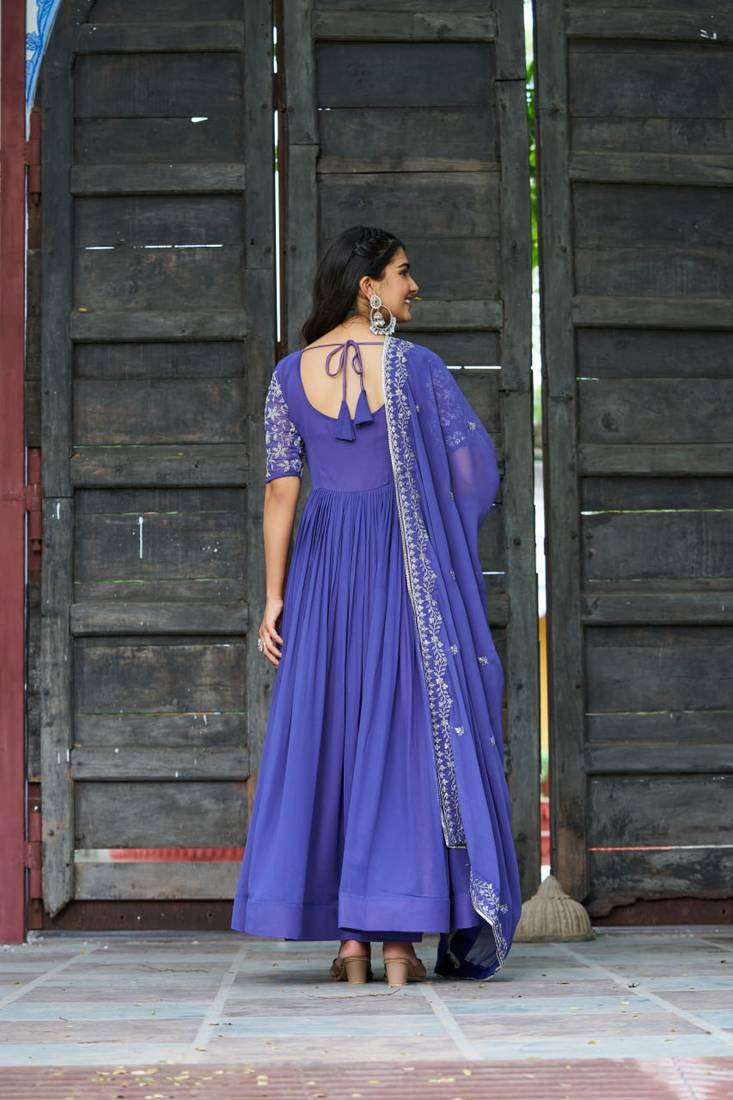 Blue faux blooming sequins & multithread embroidered gown with dupatta