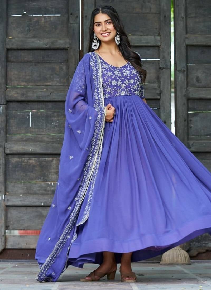 Blue faux blooming sequins & multithread embroidered gown with dupatta