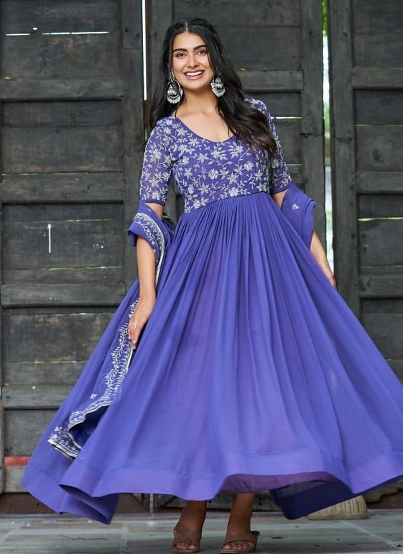 Blue faux blooming sequins & multithread embroidered gown with dupatta