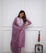 Lavender Cotton Embroidered Kurta Set with Cotton Dupatta