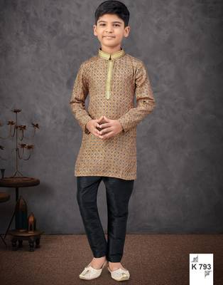 Beige faux jacquard embroidered kurta pajama 1