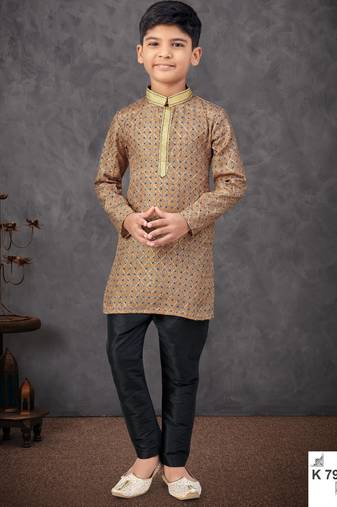 Beige faux jacquard embroidered kurta pajama