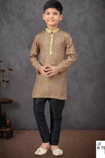 Beige faux jacquard embroidered kurta pajama