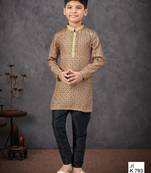 Beige faux jacquard embroidered kurta pajama