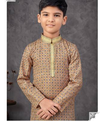 Beige faux jacquard embroidered kurta pajama 2