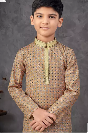 Beige faux jacquard embroidered kurta pajama