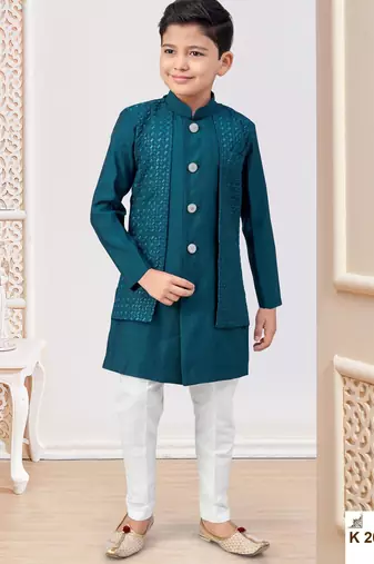 Green power silk embroidered indowestern