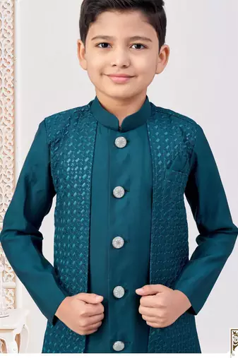 Green power silk embroidered indowestern