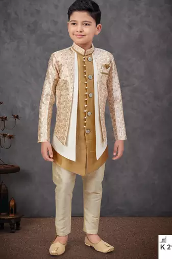 Beige kasak zari jackard & banarasi silk embroidered indowestern