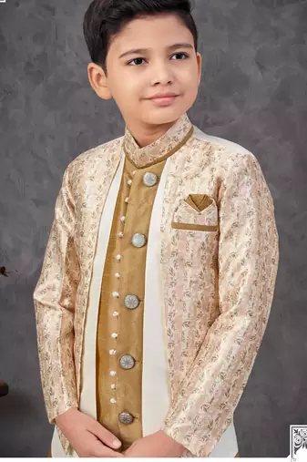 Beige kasak zari jackard & banarasi silk embroidered indowestern