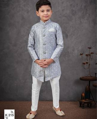 Grey power silk embroidered indowestern 1