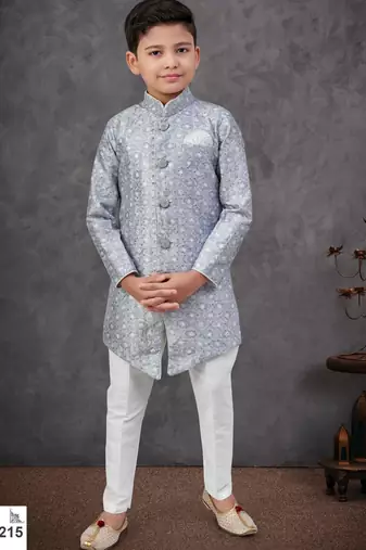 Grey power silk embroidered indowestern