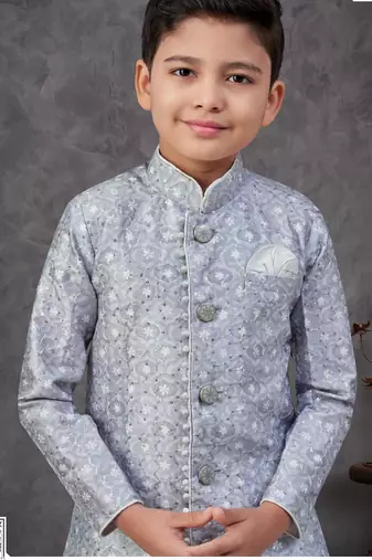 Grey power silk embroidered indowestern