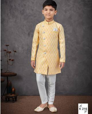 Yellow banarasi zari jackard embroidered indowestern 1