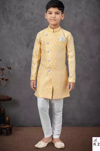Yellow banarasi zari jackard embroidered indowestern