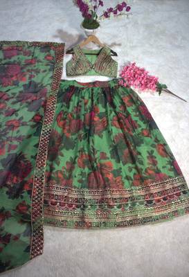 tantalizing green floral printed organza mehendi lehenga set choli with dupatta 7