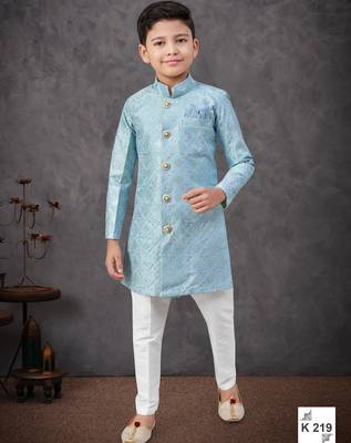 Blue power silk embroidered indowestern 1