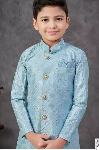 Blue power silk embroidered indowestern