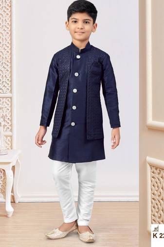 Blue power silk embroidered indowestern