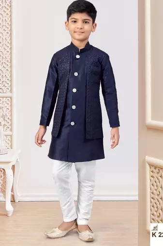 Blue power silk embroidered indowestern