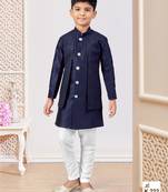 Blue power silk embroidered indowestern