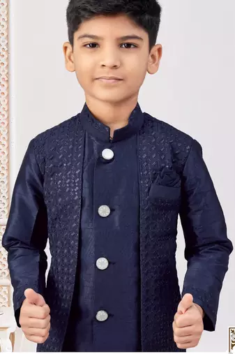 Blue power silk embroidered indowestern