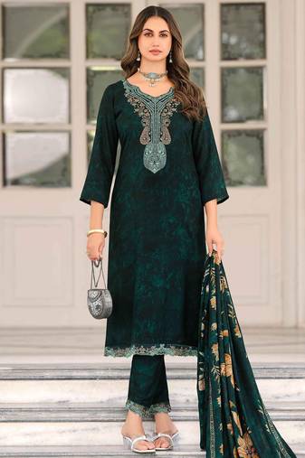 Stylee lifestyle teal pashmina embroidered dress material