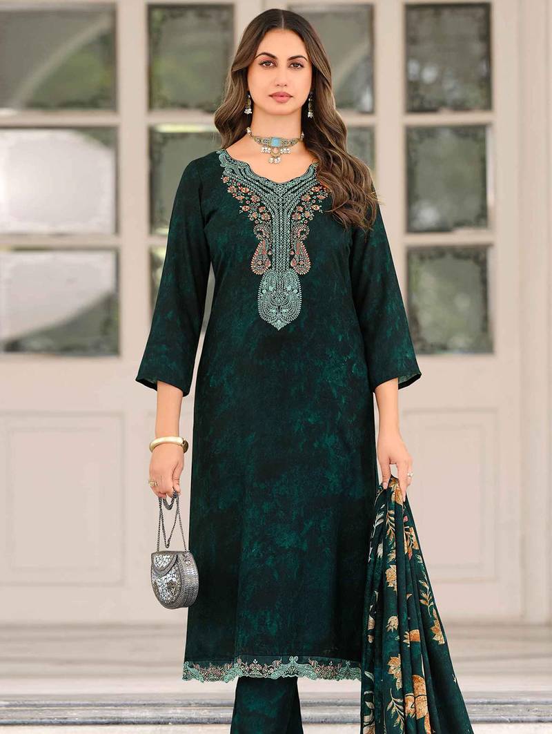 Stylee lifestyle teal pashmina embroidered dress material