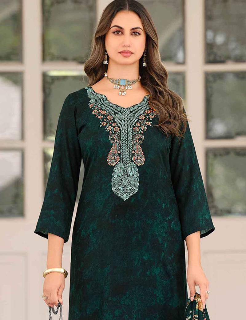 Stylee lifestyle teal pashmina embroidered dress material