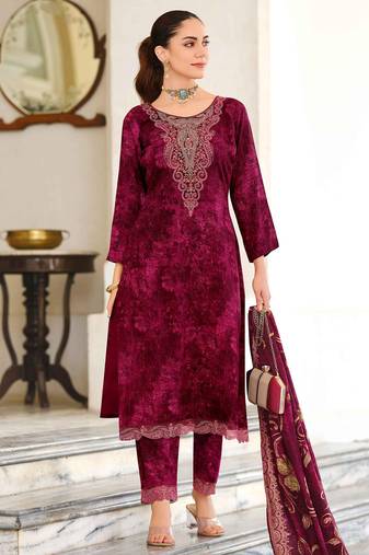 Stylee lifestyle magenta pashmina embroidered dress material