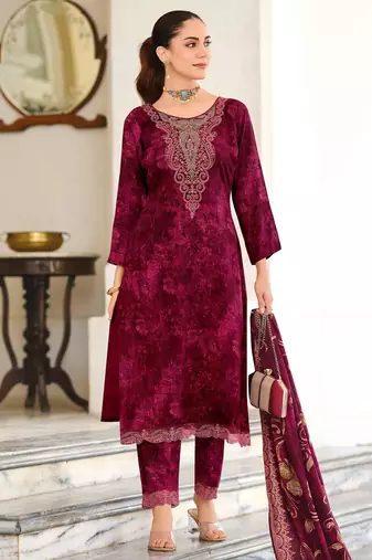 Stylee lifestyle magenta pashmina embroidered dress material