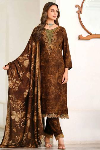 Stylee lifestyle brown pashmina embroidered dress material