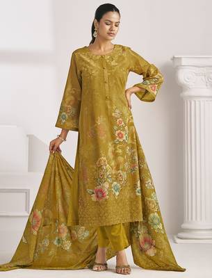 mustard lawn cotton digital printed dress material 1