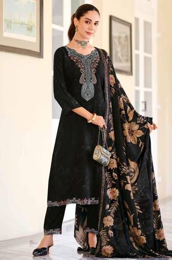 Stylee lifestyle black pashmina embroidered dress material