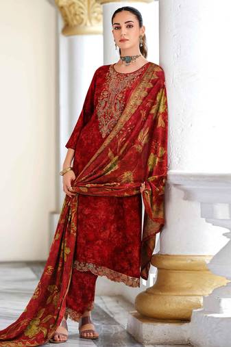 Stylee lifestyle red pashmina embroidered dress material