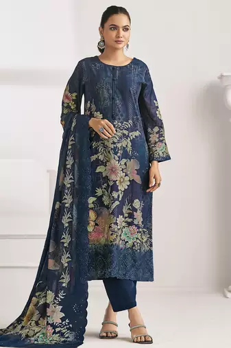 Stylee lifestyle navy blue lawn cotton digital printed dress material