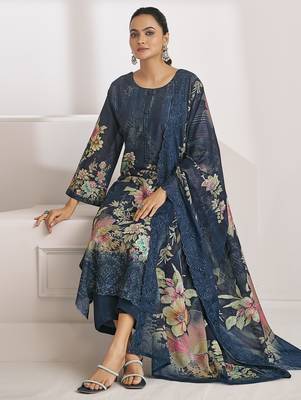 navy blue lawn cotton digital printed dress material 2