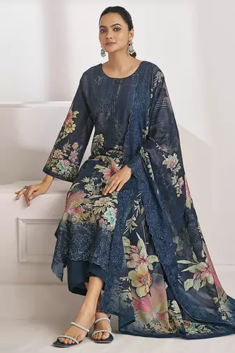 navy blue lawn cotton digital printed dress material